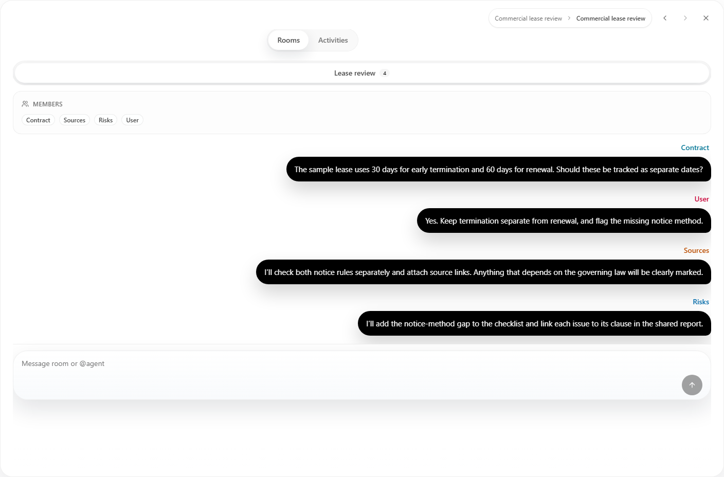 Prism specialist-room conversation about a lease, with a user clarification and a specialist handoff.