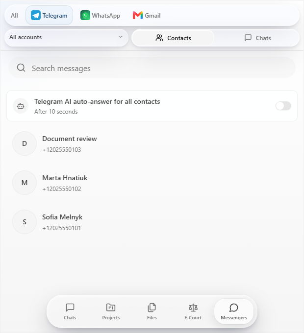 PRISM Telegram contacts with AI auto-answer for all contacts switched off.