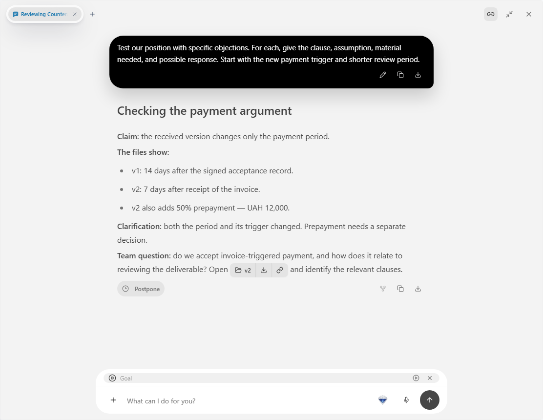 Prism: chat checking a payment argument against the agreement