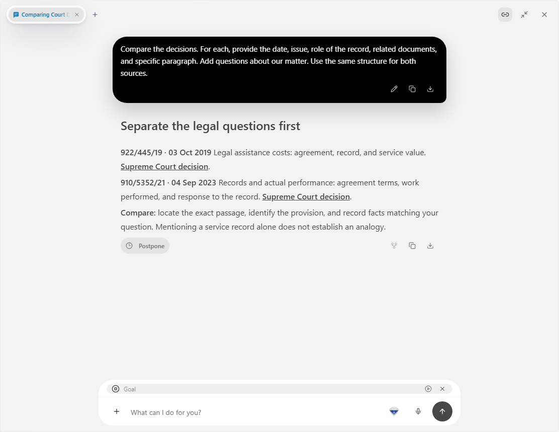 Prism: chat comparing the legal questions in two decisions