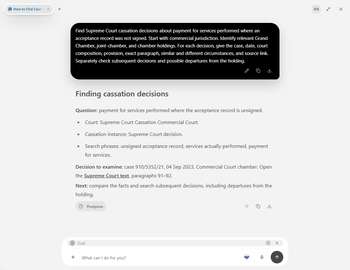 Prism: chat with a cassation query and a decision to examine