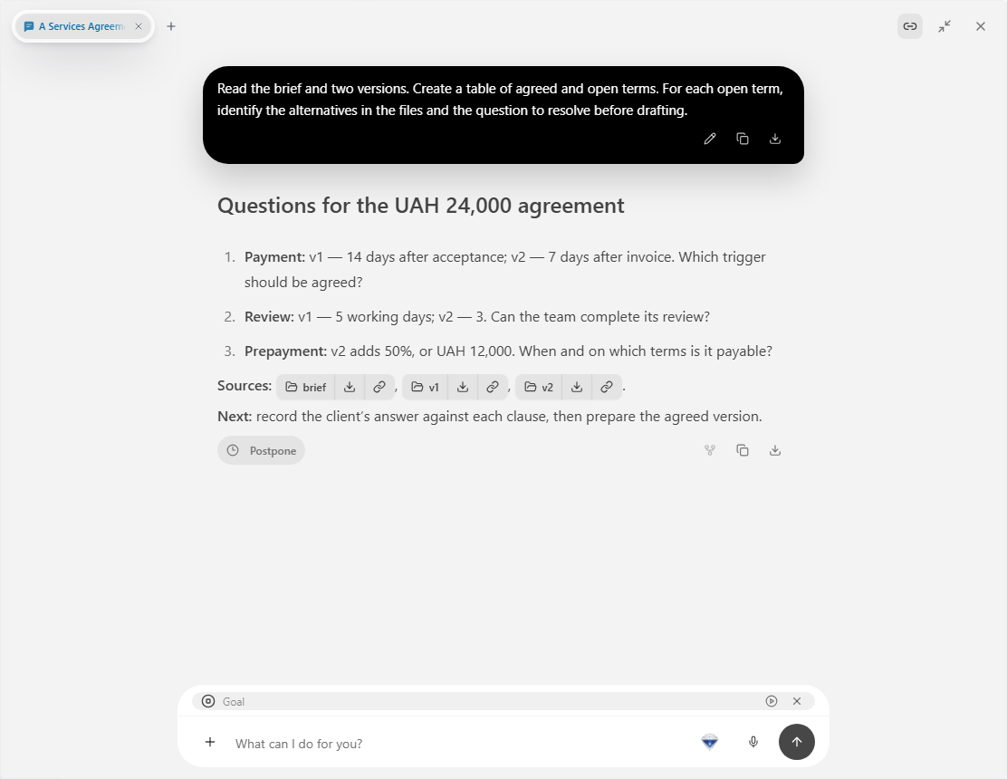 Prism: chat with questions about the brief and agreement terms