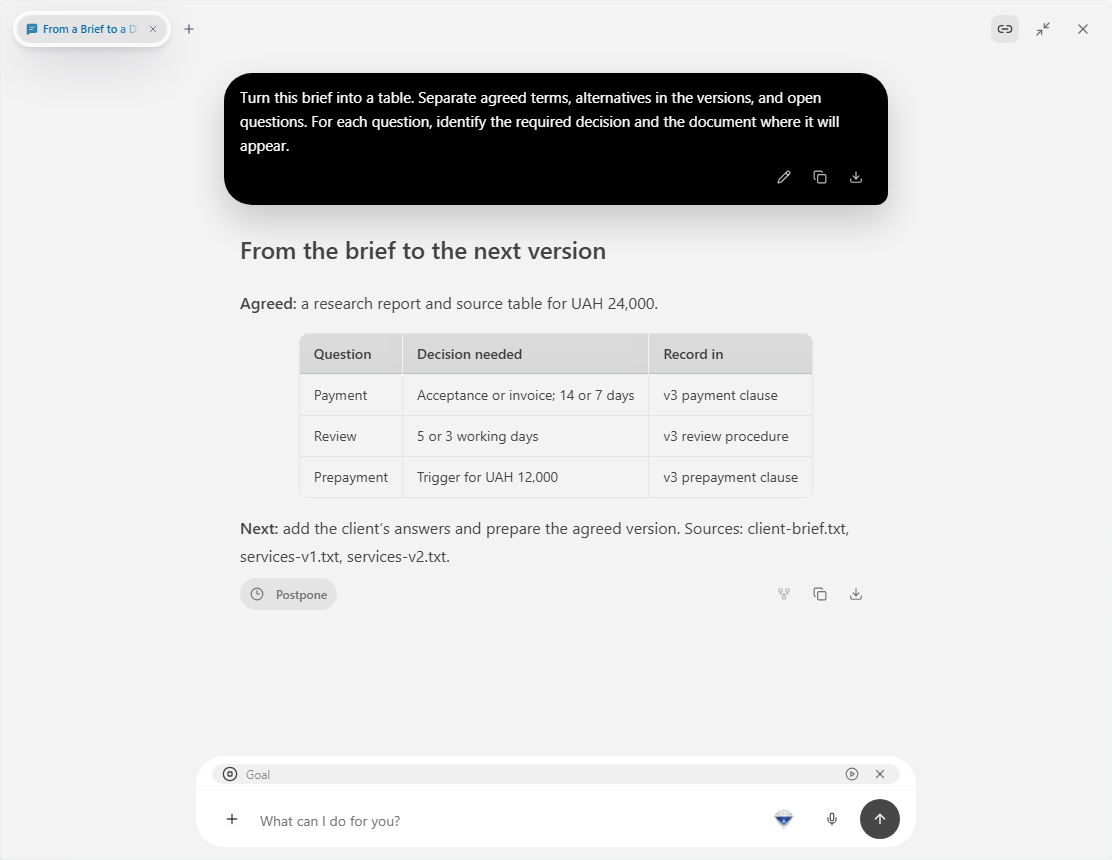 Prism: chat turning the client brief into agreed terms and open questions