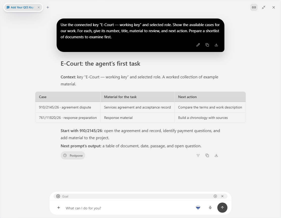 Prism: chat with the first task concerning connected E-Court material, using a worked example