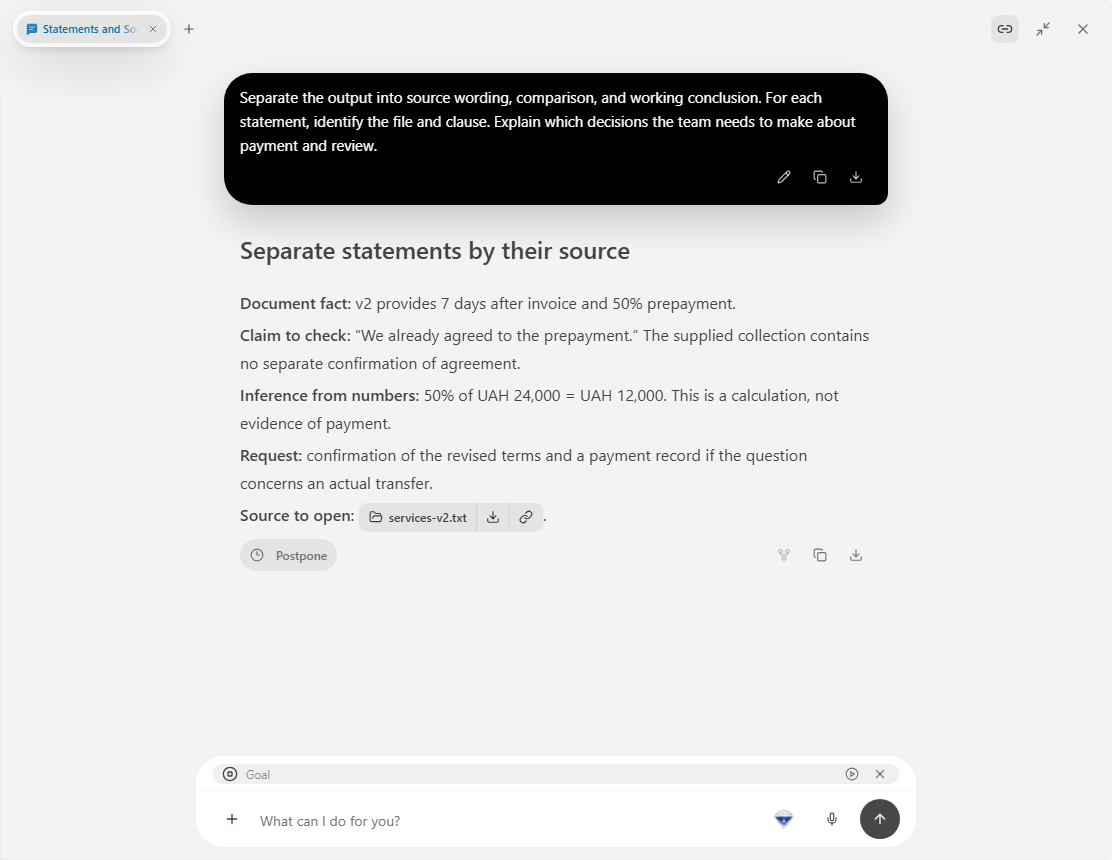 Prism: chat distinguishing a source fact, claim, and calculation