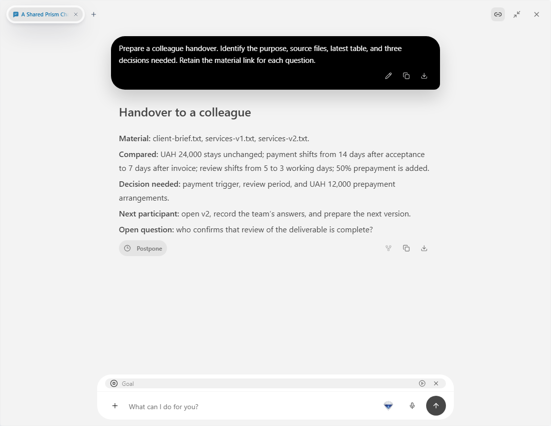 Prism: chat with a review handover and the colleague’s next action