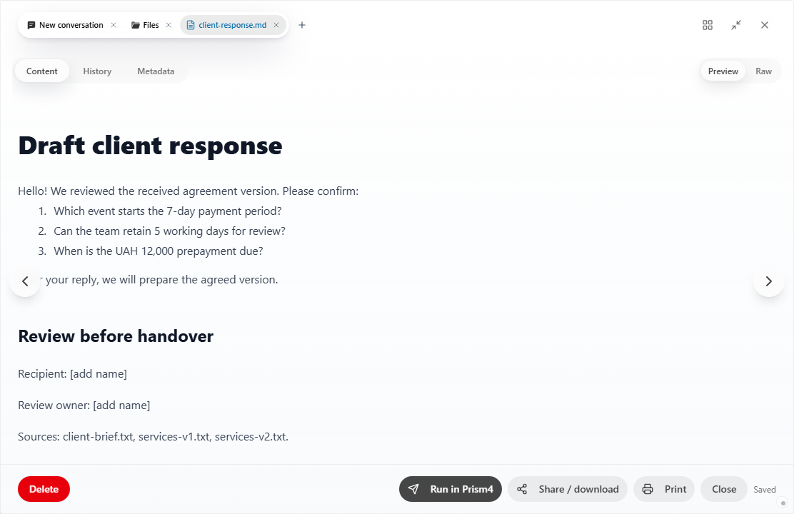 Prism: draft client message opened in the Files editor