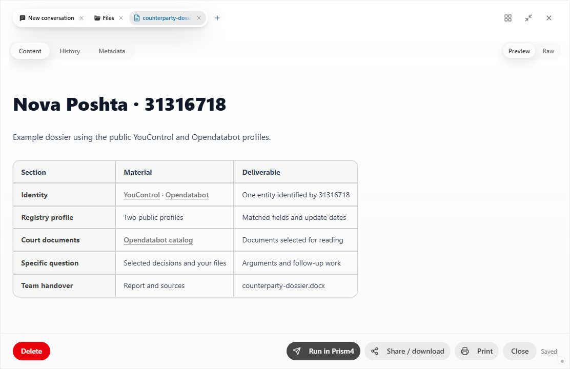 Prism: counterparty dossier opened as a source-linked file