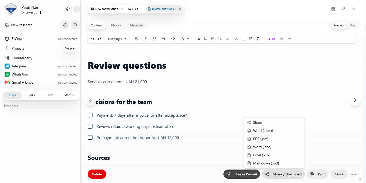 Prism: open document and download-format menu