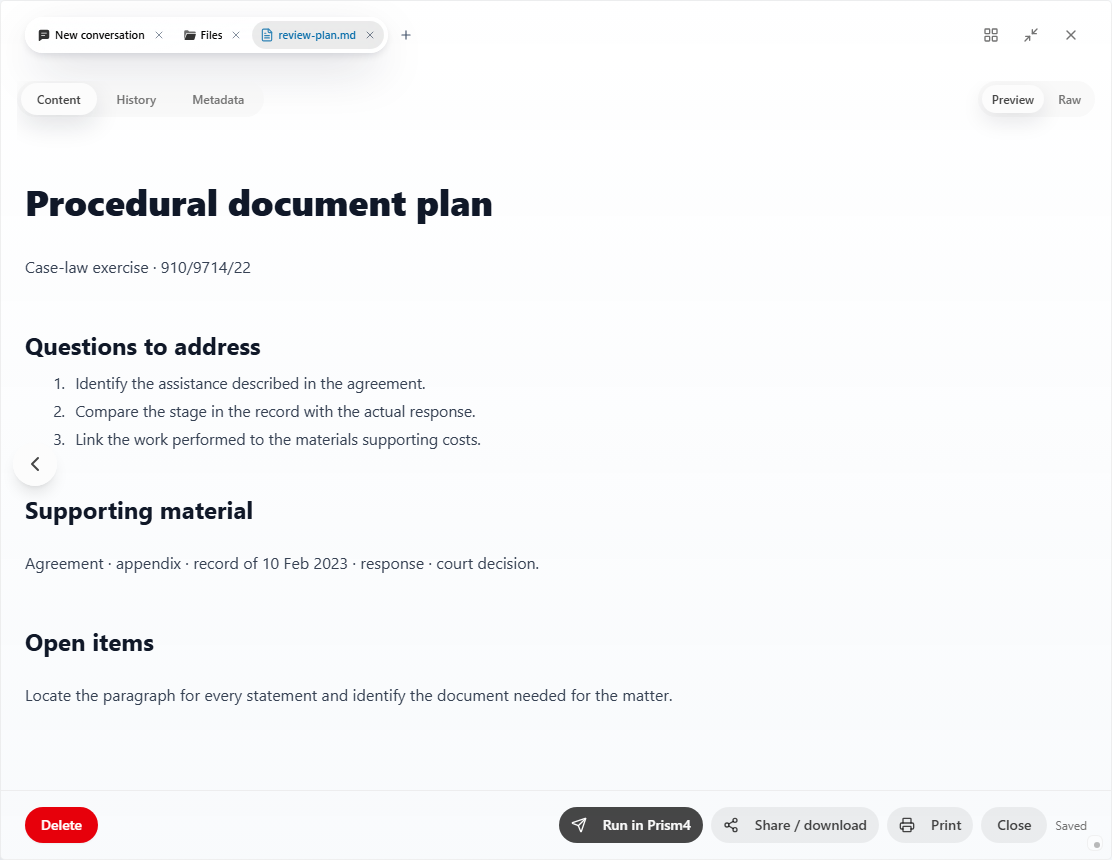 Prism: procedural document plan opened in the Files editor