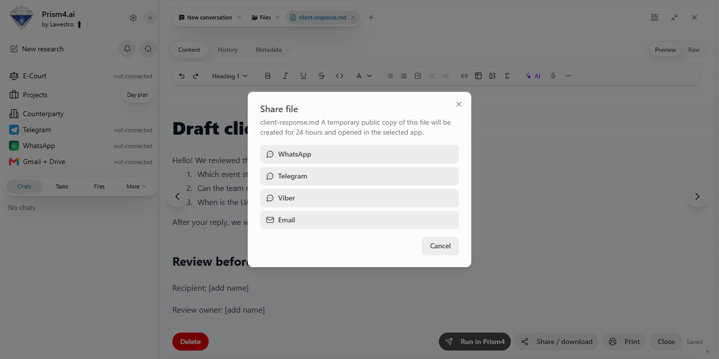 Prism: sharing dialog for the selected working file