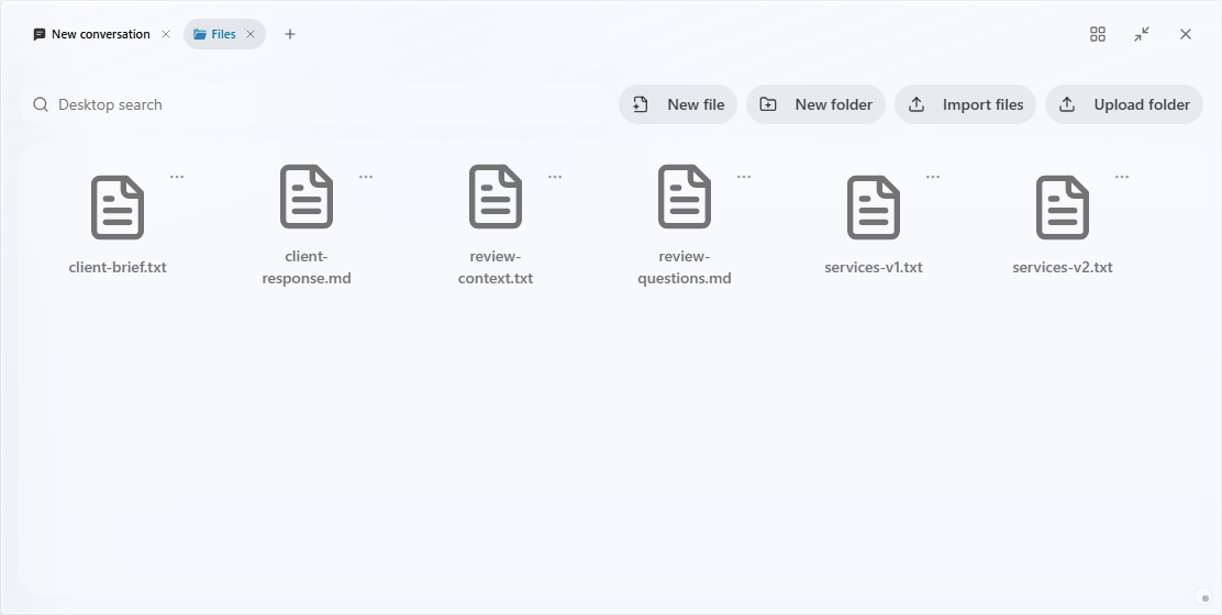 Prism: Files folder with four sources and the working documents
