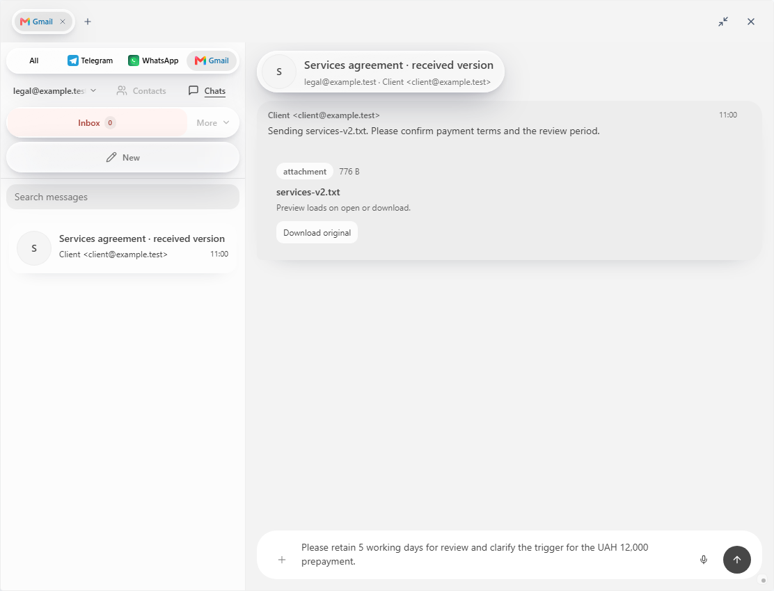 Prism: received email, services-v2.txt attachment, and unsent reply