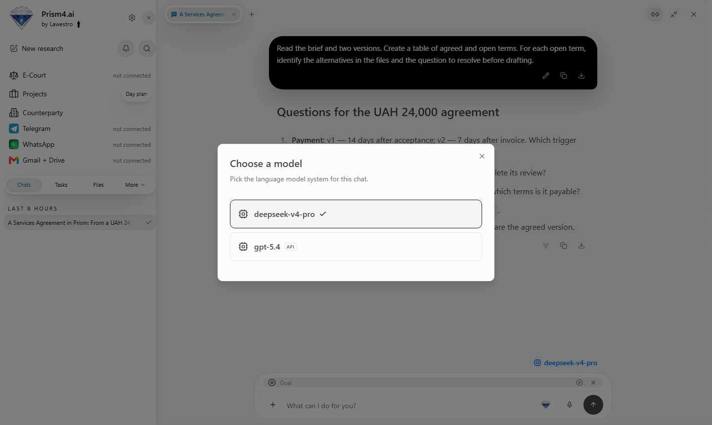 Prism: model selector opened from the agreement chat