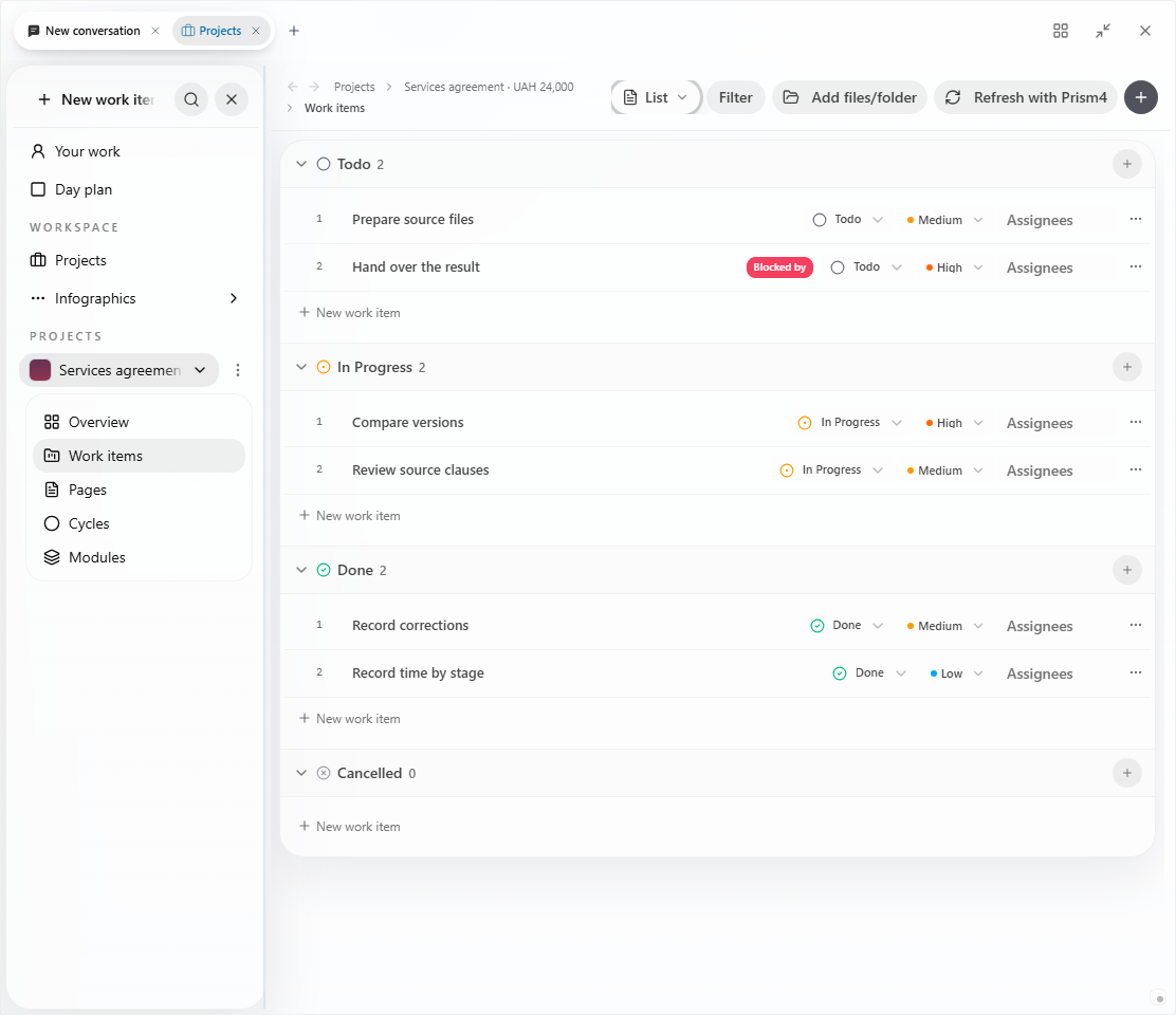 Prism: project task list for the pilot workflow