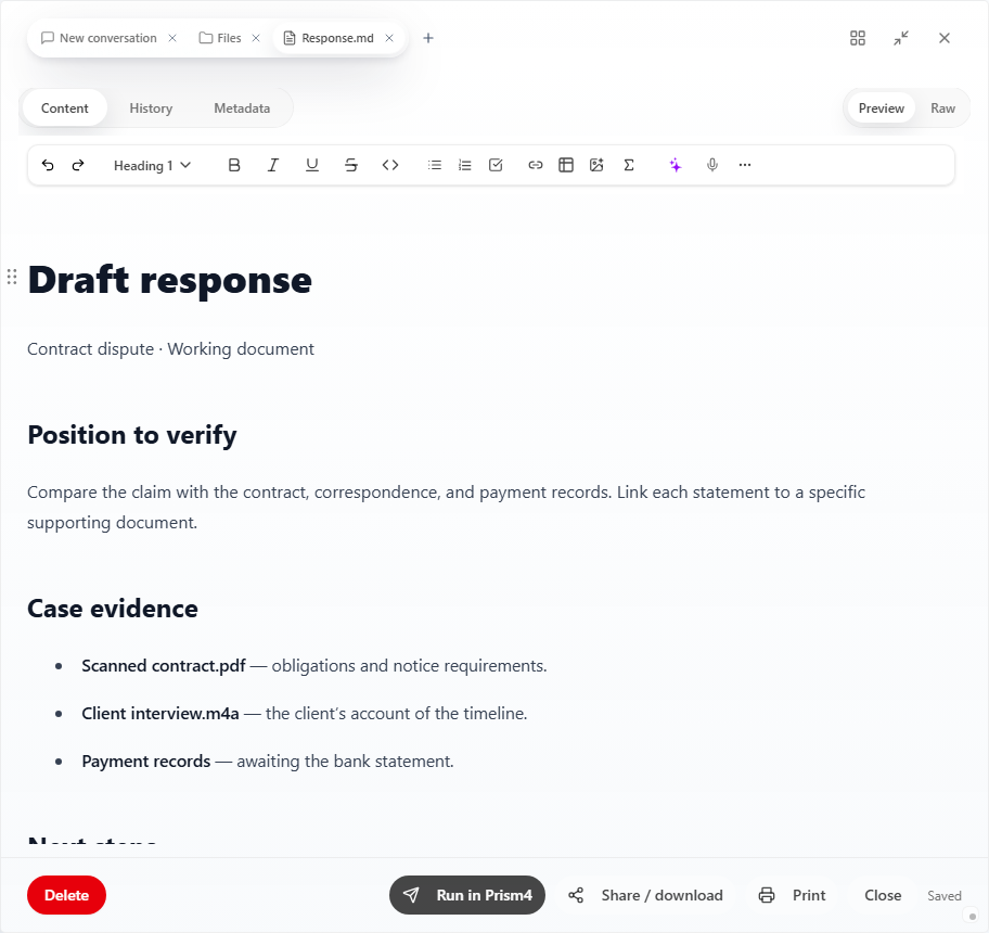 The real PRISM document viewer showing a demonstration response opened from Files.